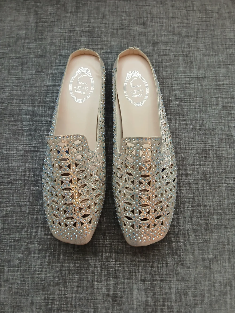 Laser-Cut Embellished Slip-On Flats in Champagne
